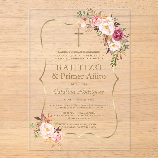 Charm Goud Roze Blush Bloemen 1e Verjaardag Doopfe Acryl Uitnodigingen (Voorkant)