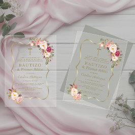 Charm Goud Roze Blush Bloemen 1e Verjaardag Doopfe Acryl Uitnodigingen