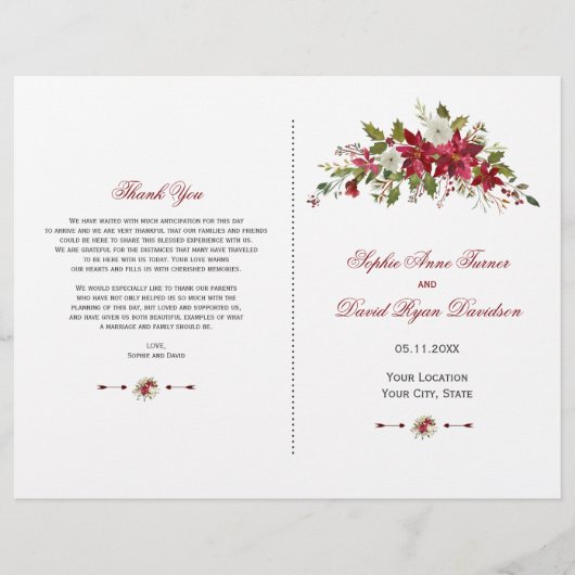 Charm Holiday Red Poinsettia Programme de mariage (Devant)