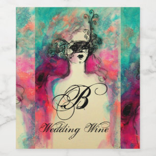 CHARM/Lady met Masker Bruiloft Monogram Roze Blauw Wijn Etiket