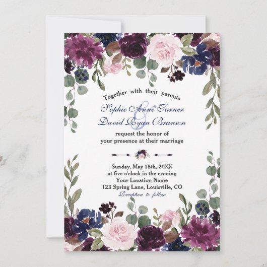 Charm Lavender Navy Blue Floral Bloom Wedding Kaart (Voorkant)