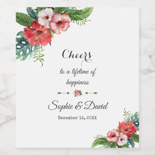 Charm Luau Flamingo Tropical Floral Wedding Wijn Etiket (Enkel label)