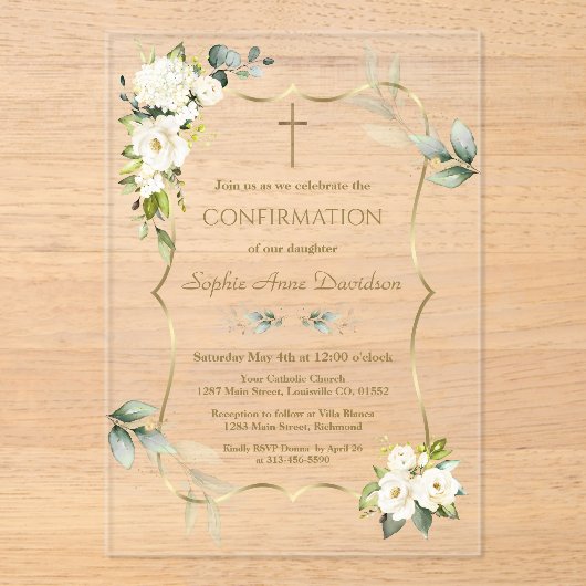 Charm Luchtige Groene Witte Bloemen Bevestiging  Acryl Uitnodigingen (Voorkant)