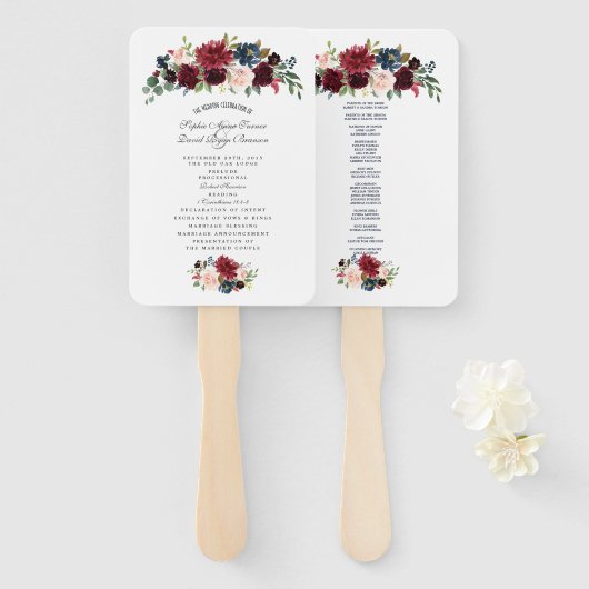 Charm Merlot Navy Blue Floral Wedding Programme Handwaaier (Voorkant en achterkant)