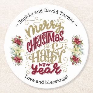 Charm Merry Happy Nieuwjaar Typografie Ronde Kartonnen Onderzetter