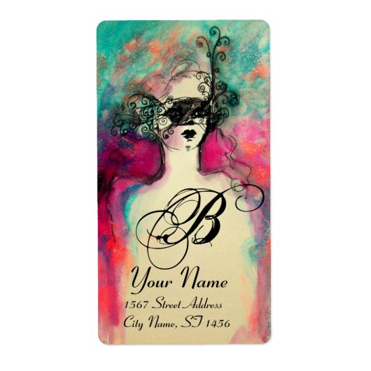 CHARM MONOGRAM, roze groen zwart blauw Etiket (Voorkant)