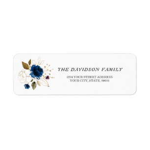 Charm Navy Blauw Gouden Bloemige Doop Retouradres Etiket