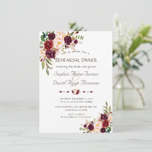 Charm Navy Blauwe Bordeaux Bloemenkleed Proefavond Kaart (Staand voorkant)