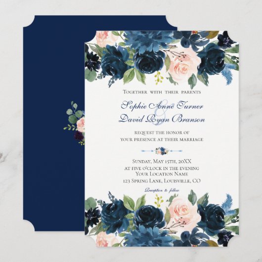 Charm Navy Blue Blush Floral Bloom Wedding Kaart (Voorkant / Achterkant)