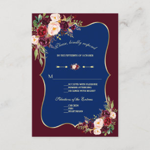 Charm Navy Blue Bourgogne Floral Gold Wedding RSVP
