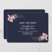 Charm Navy Blue Maroon Boho Floral Save the Date (Voorkant / Achterkant)