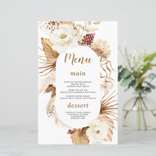 Charm Pampas Grass Witte Bloemen Verjaardagsmenu (Staand voorkant)