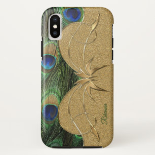 Charm Peacock Feathers Golden Custom Monogram iPhone X Hoesje