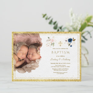 Charm Pink Blue Gold Floral Twin Photo Baptisme Kaart