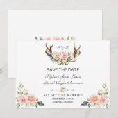 Charm Pink Blush Floral Antlers Save the Date (Voorkant / Achterkant)