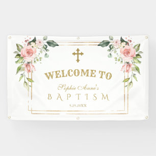 Charm Pink Blush Flowers Gold Baptism Welcome Sign Spandoek
