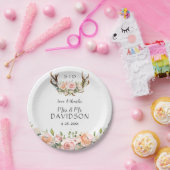 Charm Pink Blush Flowers Monogram Weddenschap Papieren Bordje (Feest)