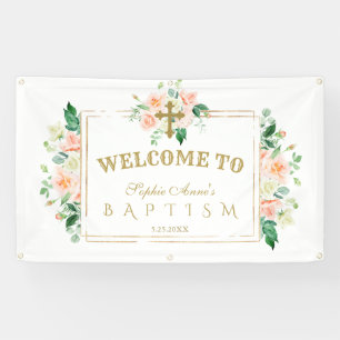 Charm Pink Flowers Gold Baptism Welcome Sign. Spandoek