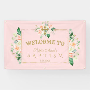 Charm Pink Flowers Gold Baptism Welcome Sign. Spandoek
