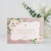 Charm Pink White Floral Roos Gold Glitter Baptisme Bedankkaart (Staand voorkant)