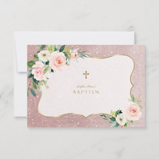 Charm Pink White Floral Roos Gold Glitter Baptisme Bedankkaart (Achterkant)