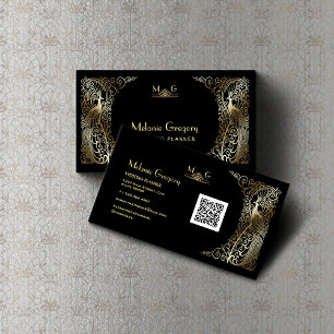 Charm QR Code Gold Art Deco Peacocks Professional Visitekaartje