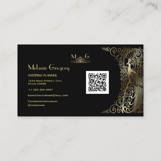Charm QR Code Gold Art Deco Peacocks Professional Visitekaartje (Achterkant)