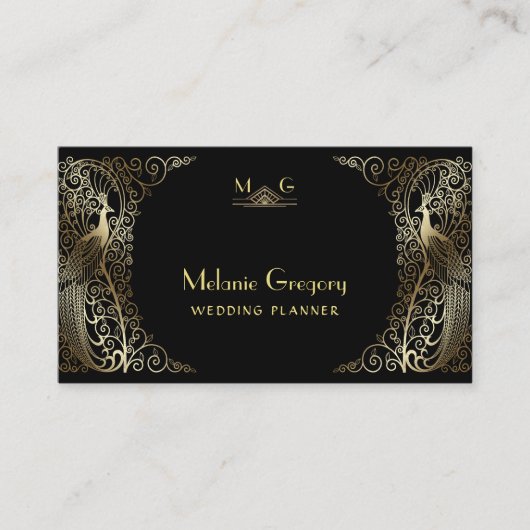 Charm QR-code goud Art Deco pauwen Professioneel  Visitekaartje (Voorkant)