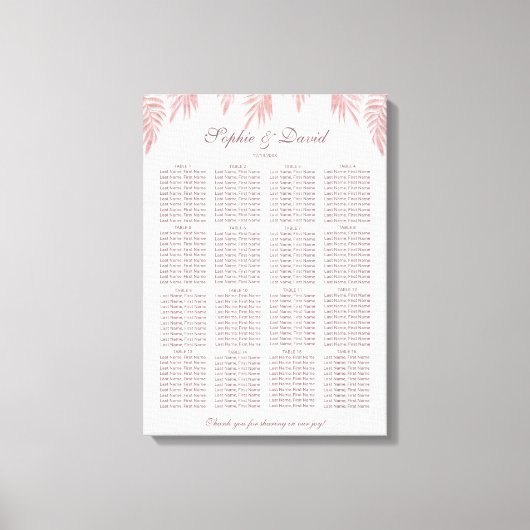 Charm Roos Gold Palm Leaves Wedding Seding Chart Canvas Afdruk (Voorkant)