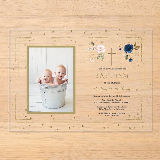 Charm Roze Blauw Bloemen Tweeling Foto Doop Acryl Uitnodigingen (Voorkant)