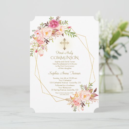 Charm Roze Blush Bloemen Gouden Frame Heilige Comm Kaart (Staand voorkant)