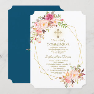 Charm Roze Blush Bloemen Gouden Frame Heilige Comm Kaart
