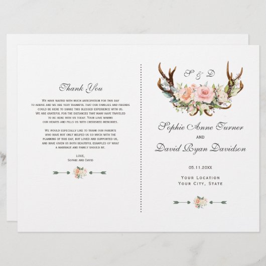 Charm Roze Blush Bloemgewei Trouwprogramma (Voorkant / Achterkant)