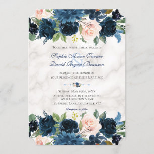 Charm Roze Navyblauw Bloemige Bloesem Marmeren Bru Kaart