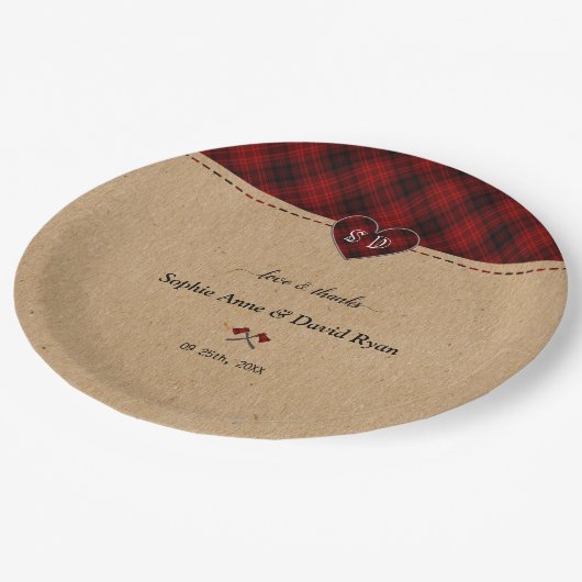 Charm Rustic Red Buffalo Pset Monogram Weddenschap Papieren Bordje (Gekanteld)