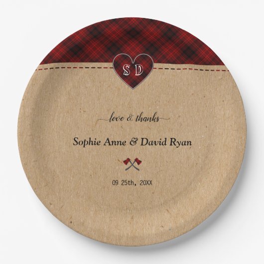 Charm Rustic Red Buffalo Pset Monogram Weddenschap Papieren Bordje (Voorkant)