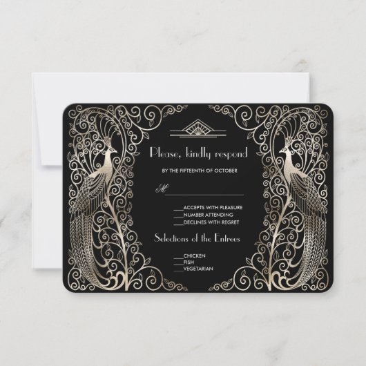 Charm Silver Art Deco Peacocks Wedding RSVP (Voorkant)
