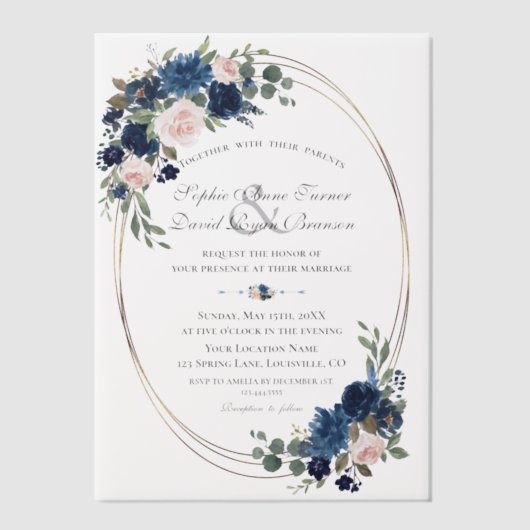 Charm Watercolour Navy Blauwe Bloemen Bruiloft Vellum Uitnodigingen (Voorkant)