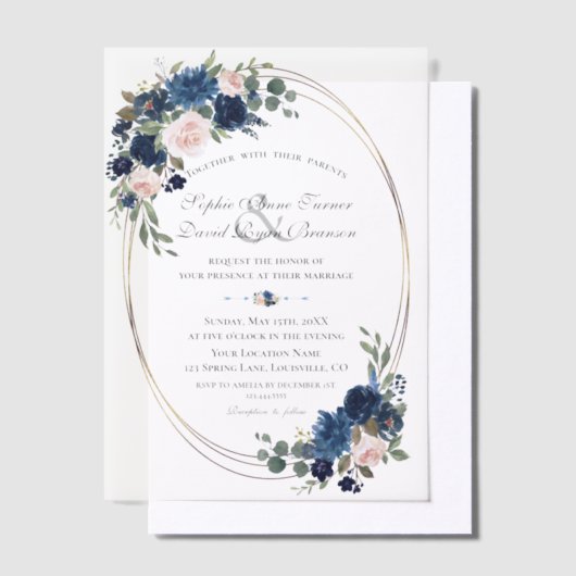 Charm Watercolour Navy Blauwe Bloemen Bruiloft Vellum Uitnodigingen (Offset)