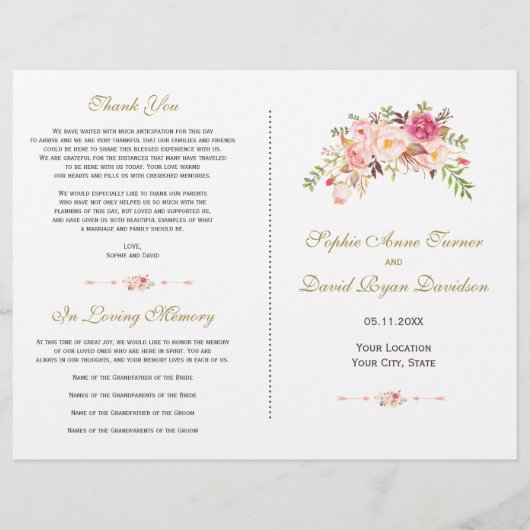 Charm Waterverf Blush Pink Floral Wedding Programm Flyer (Voorkant)