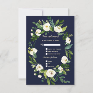 Charm Waterverf Witte Bloemen Donkerblauw Huwelijk RSVP Kaartje