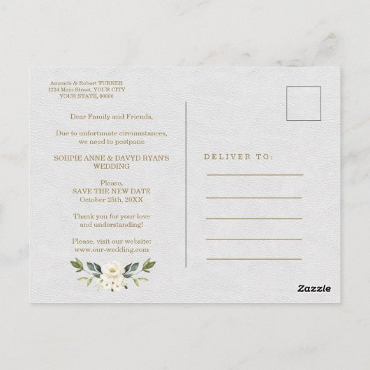 Charm Wedding Witte Bloemen Verander de datum Briefkaart (Achterkant)