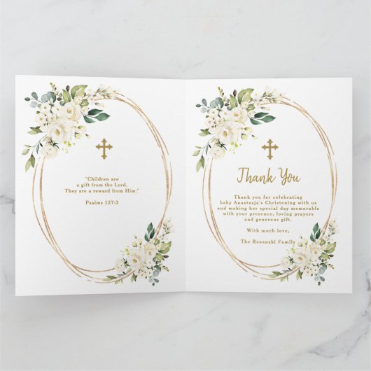 Charm White Bloemen Gouden Meisje Foto Doopfeest  Bedankkaart (Binnen)