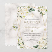 Charm White Floral Spain Invitacion De Bautizo Kaart (Voorkant / Achterkant)