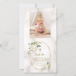 Charm White Flowers Gold Cross Foto Christening Bedankkaart