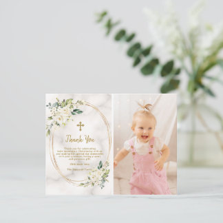 Charm White Flowers Gold Cross Foto Christening Bedankkaart