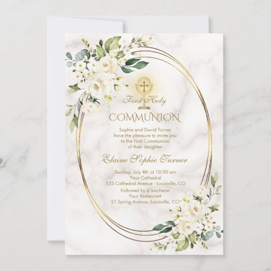 Charm White Flowers Marble Gold Heilige Communie Kaart (Voorkant)