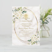 Charm White Flowers Marble Gold Heilige Communie Kaart (Staand voorkant)