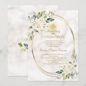 Charm White Flowers Marble Gold Heilige Communie Kaart (Voorkant / Achterkant)