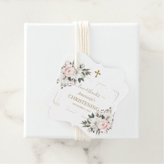 Charm White Pink Floral Gold Confetti Christening Bedankjes Labels (In situ)